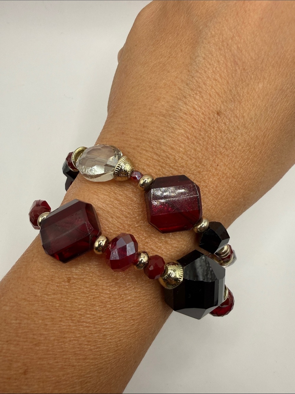 Vintage Silver Tone Burgundy Black Beaded Set of Two Bangles Bracelets